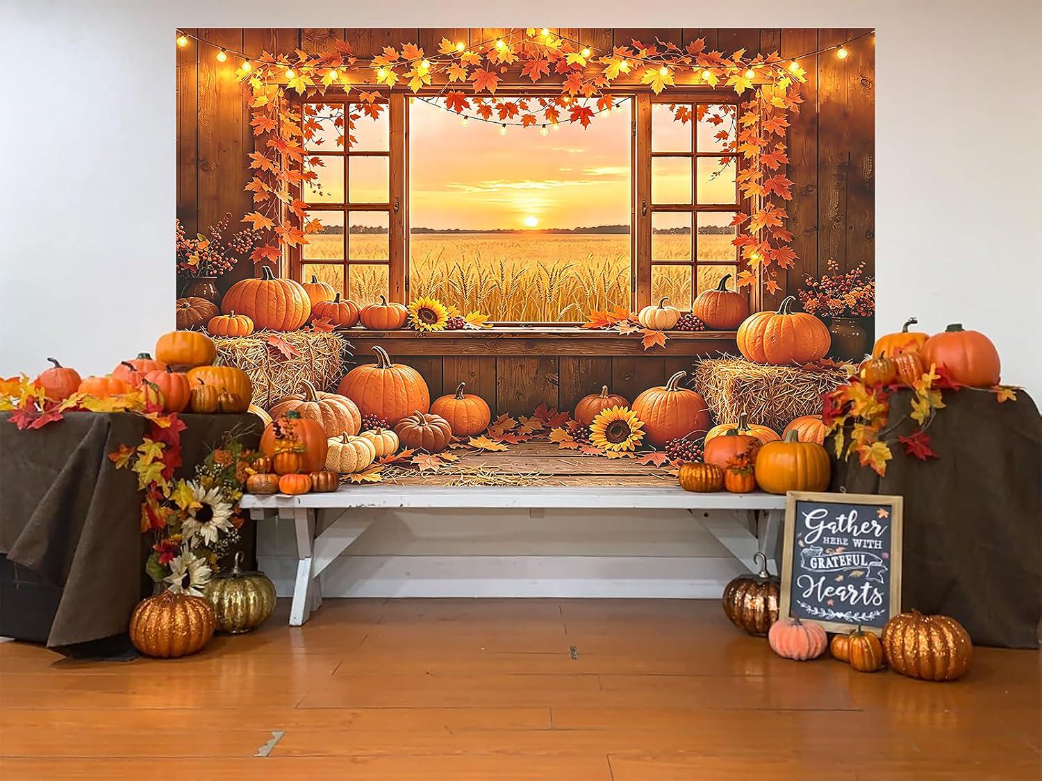 10x8FT Autumn Harvest Barn Window Backdrop, Pumpkin Maple Leaf Photography Background (10x8FT)