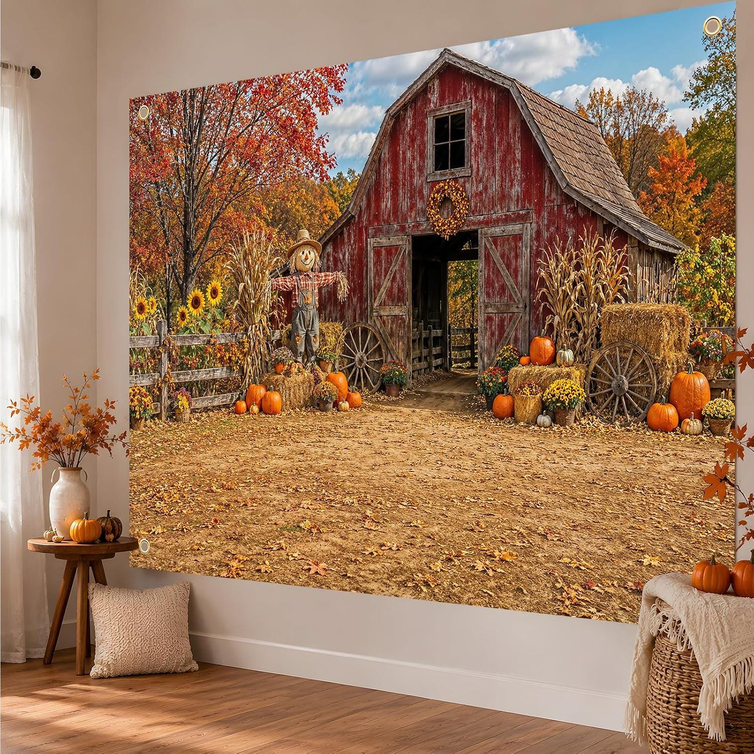 7x5FT Fall Barn Backdrop, Autumn Scarecrow Pumpkin Photography Background (Foldable Polyester)