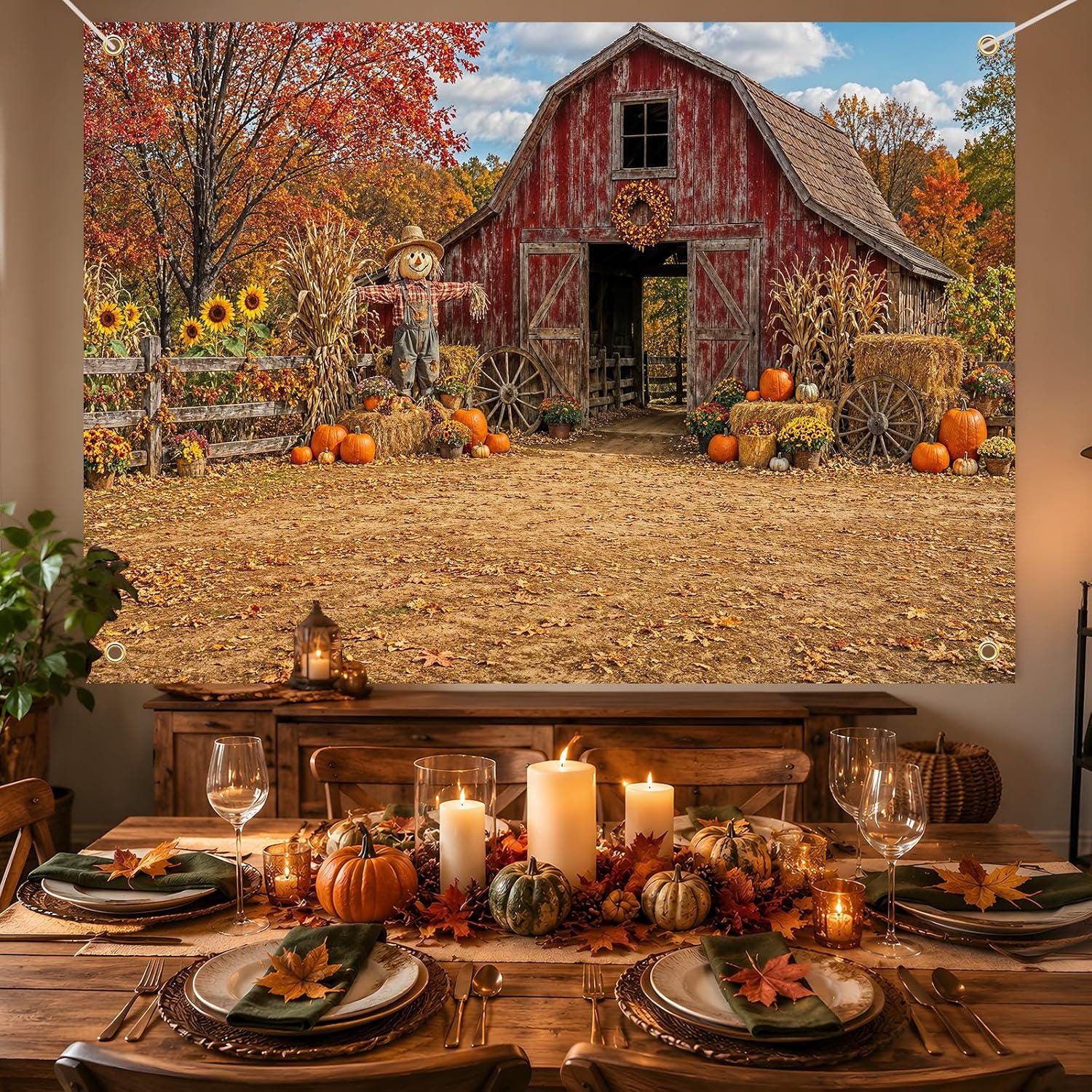 7x5FT Fall Barn Backdrop, Autumn Scarecrow Pumpkin Photography Background (Foldable Polyester)