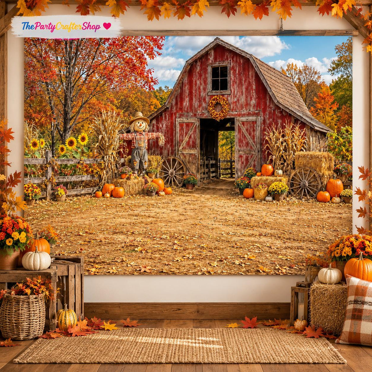 7x5FT Fall Barn Backdrop, Autumn Scarecrow Pumpkin Photography Background (Foldable Polyester)