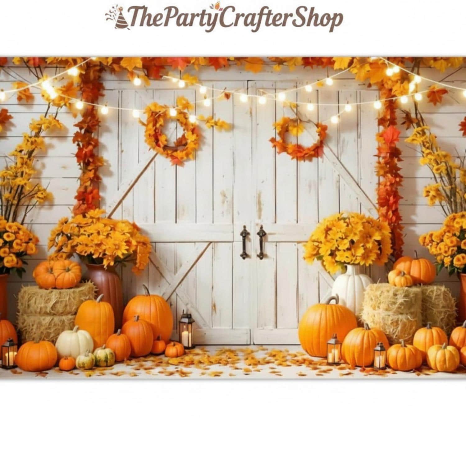 10x8FT Autumn Harvest Photo Backdrop, Pumpkin Barn Door, Maple Leaf Sunflower (Fabric)