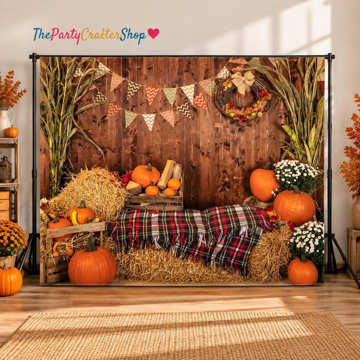 7x5FT Rustic Wood Barn Thanksgiving Backdrop, Harvest Pumpkin Leaves Photo Prop (Vinyl)