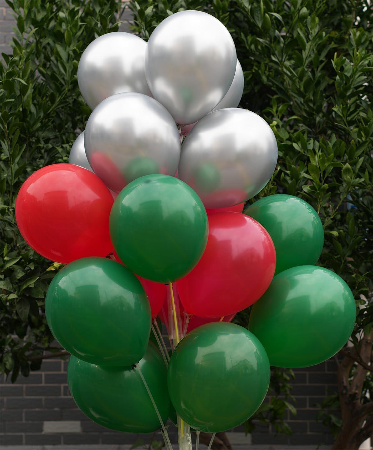 100 Mexican Independence Day Balloons, Red Green Silver Latex Party Decorations (12 Inch)