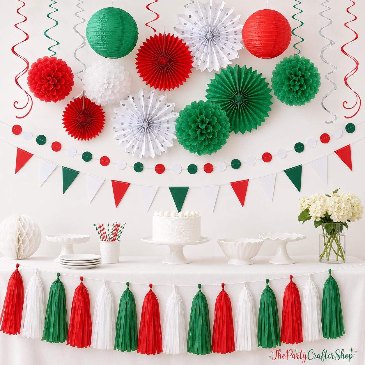 Mexican Independence Day Paper Decorations, Red Green White Party Kit (33 Pieces)