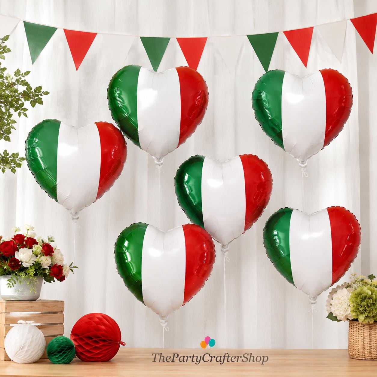 6PCS Mexican Independence Day Heart Balloons, Red Green White Foil Party Decorations