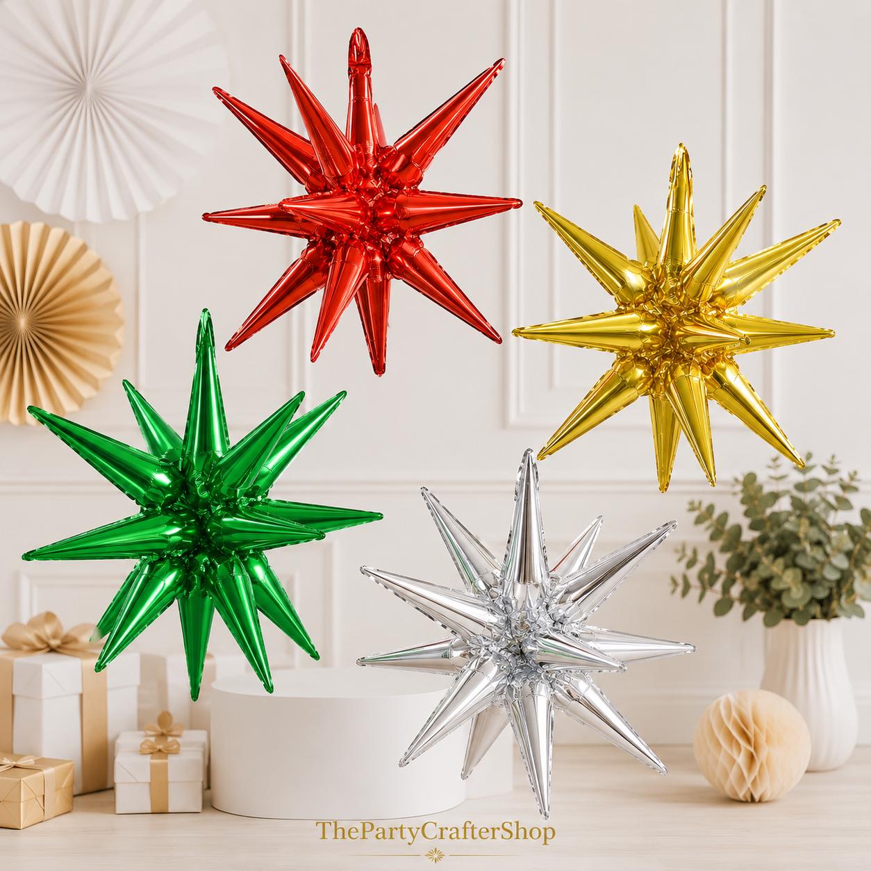 4PCS Mexican Independence Day Star Balloons, Red Green Gold Silver Foil (22 Inch)