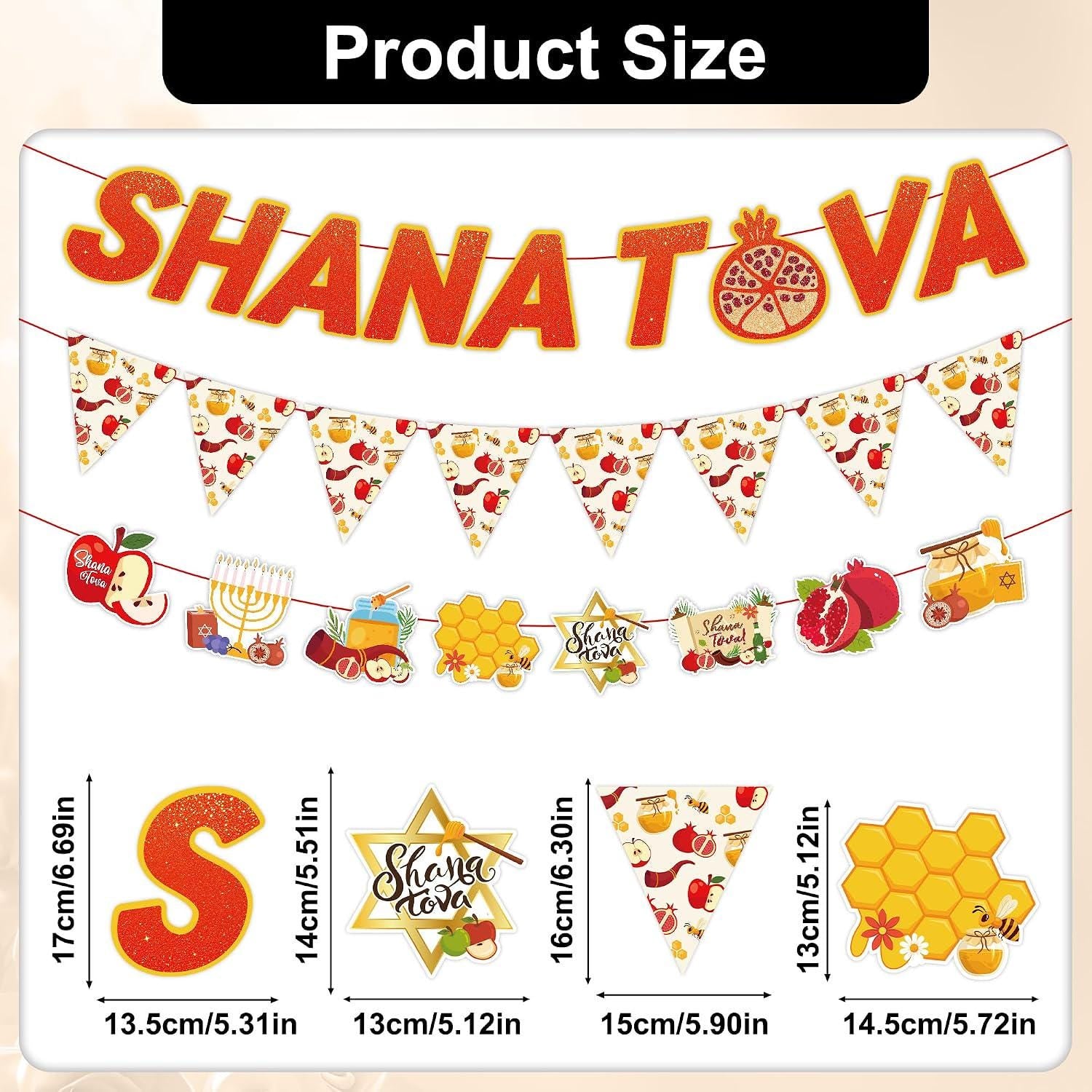 Shana Tova Banner Set, Pomegranate Pennant Bunting, Jewish Holiday Decor (3 Piece)