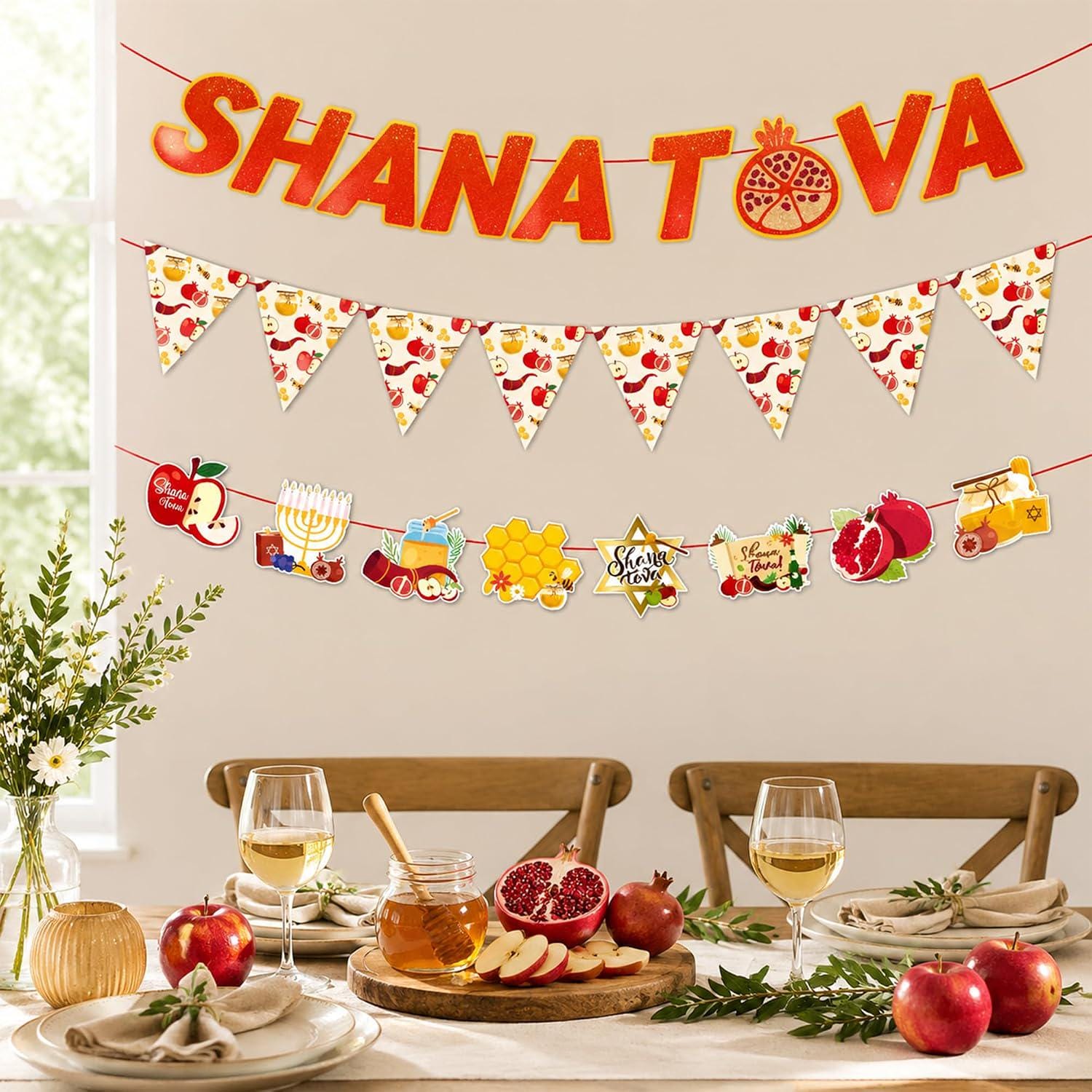Shana Tova Banner Set, Pomegranate Pennant Bunting, Jewish Holiday Decor (3 Piece)