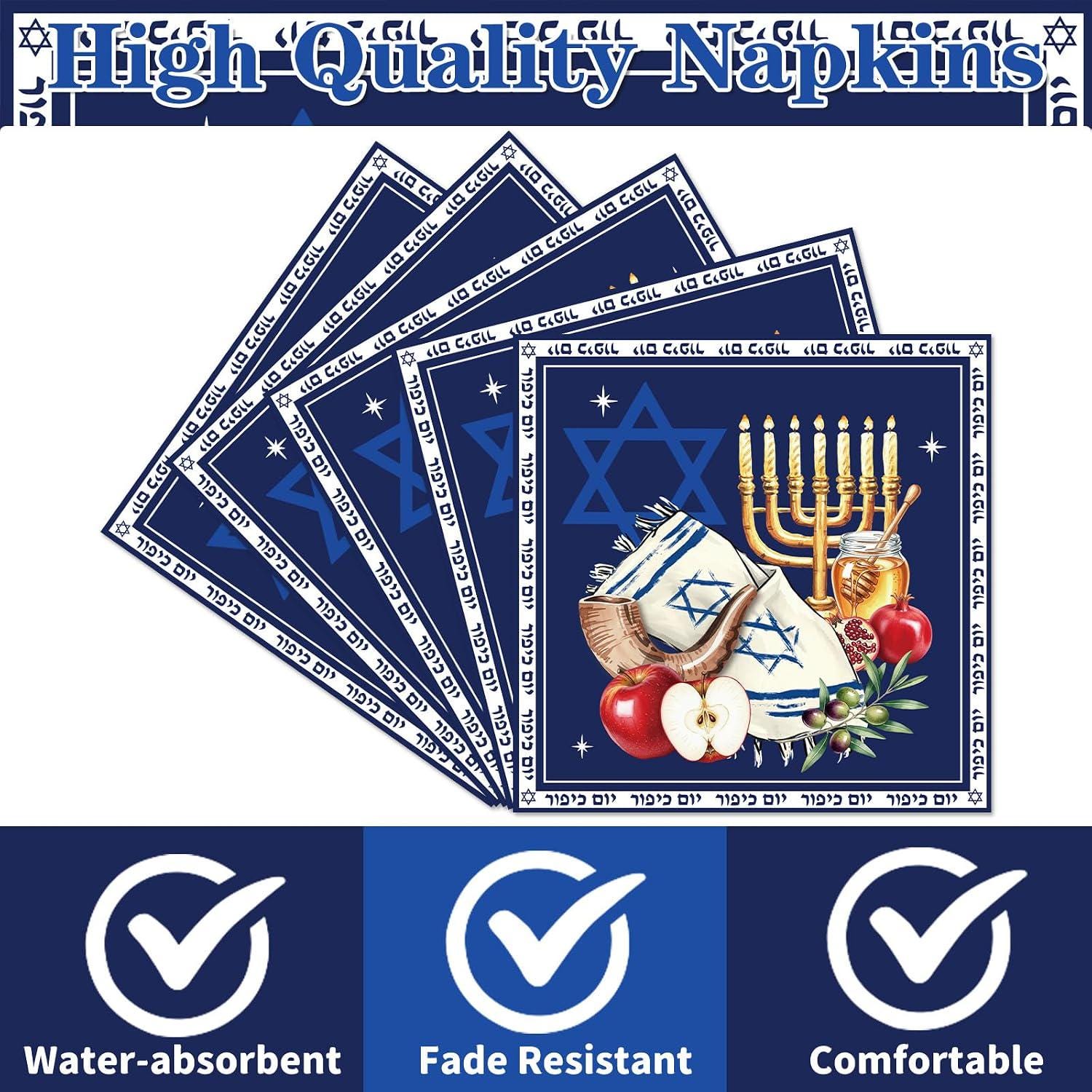 Yom Kippur Napkins, Jewish Holiday Table Decor, Star of David, Menorah (100 Pack)