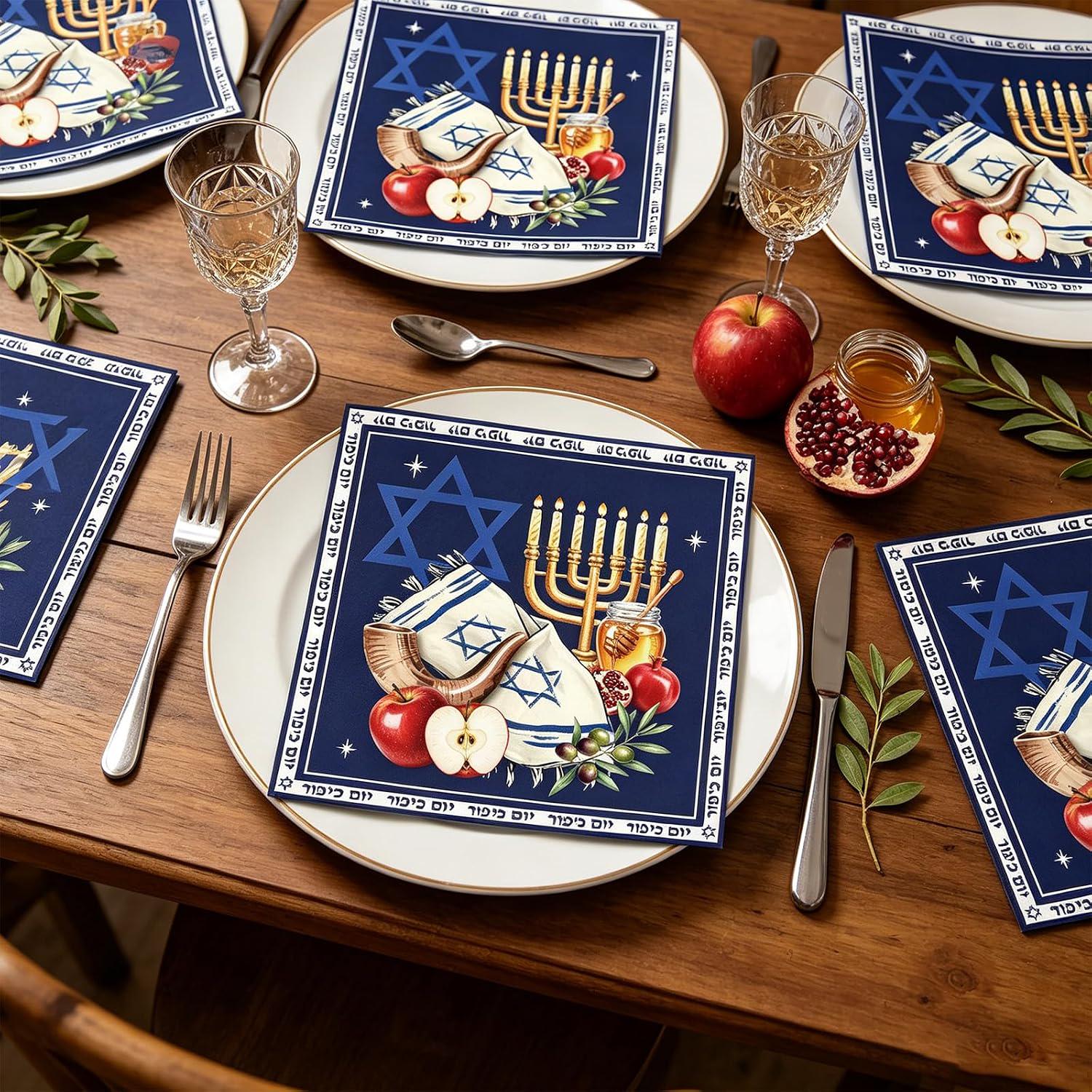 Yom Kippur Napkins, Jewish Holiday Table Decor, Star of David, Menorah (100 Pack)