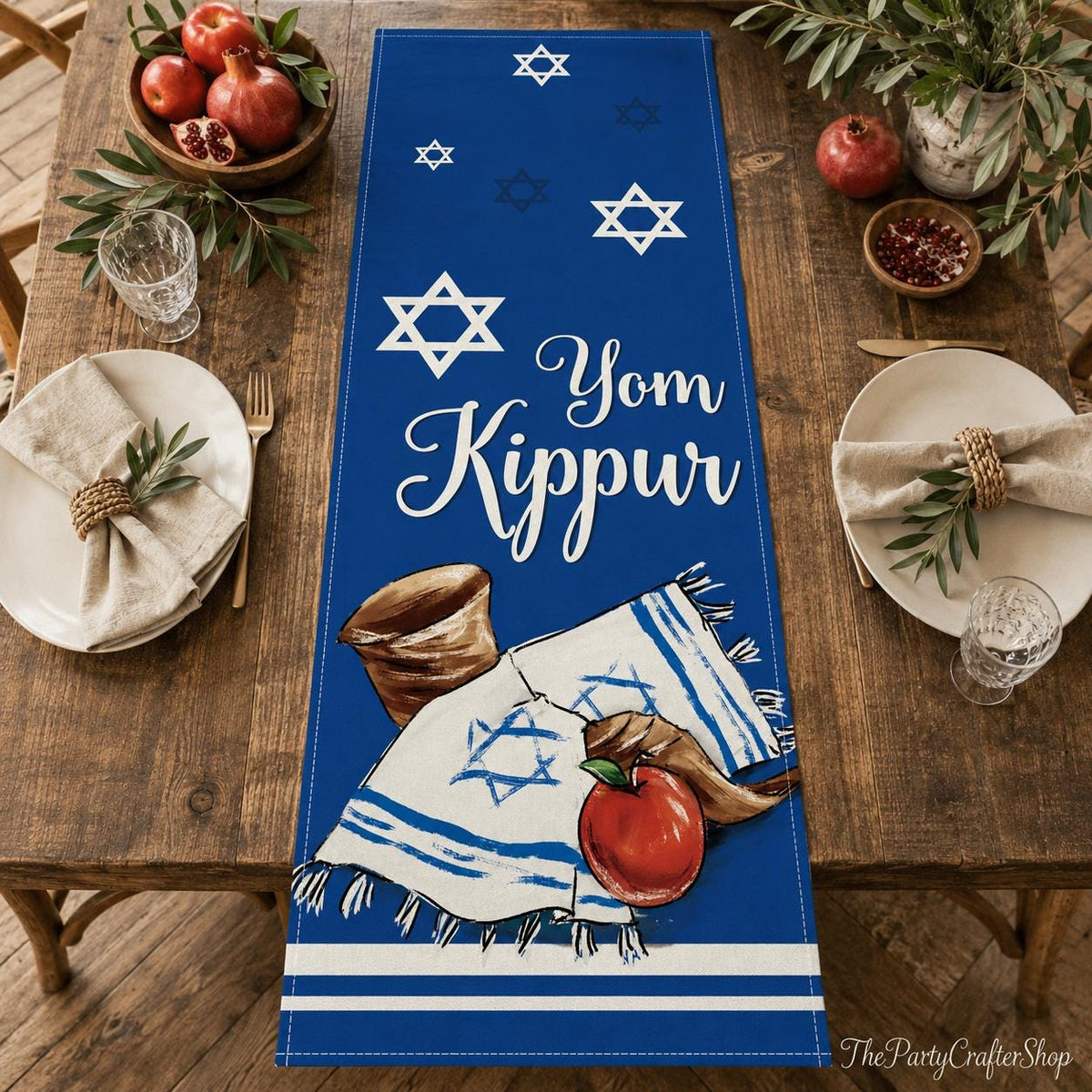 Yom Kippur Table Runner, Shofar Jewish Holiday Decor, 13x72 Inch Polyester