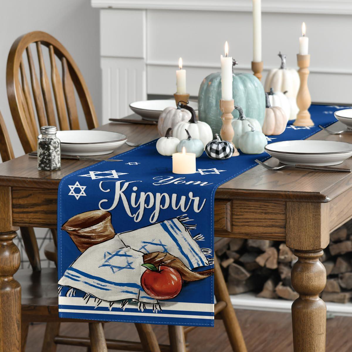 Yom Kippur Table Runner, Shofar Jewish Holiday Decor, 13x72 Inch Polyester