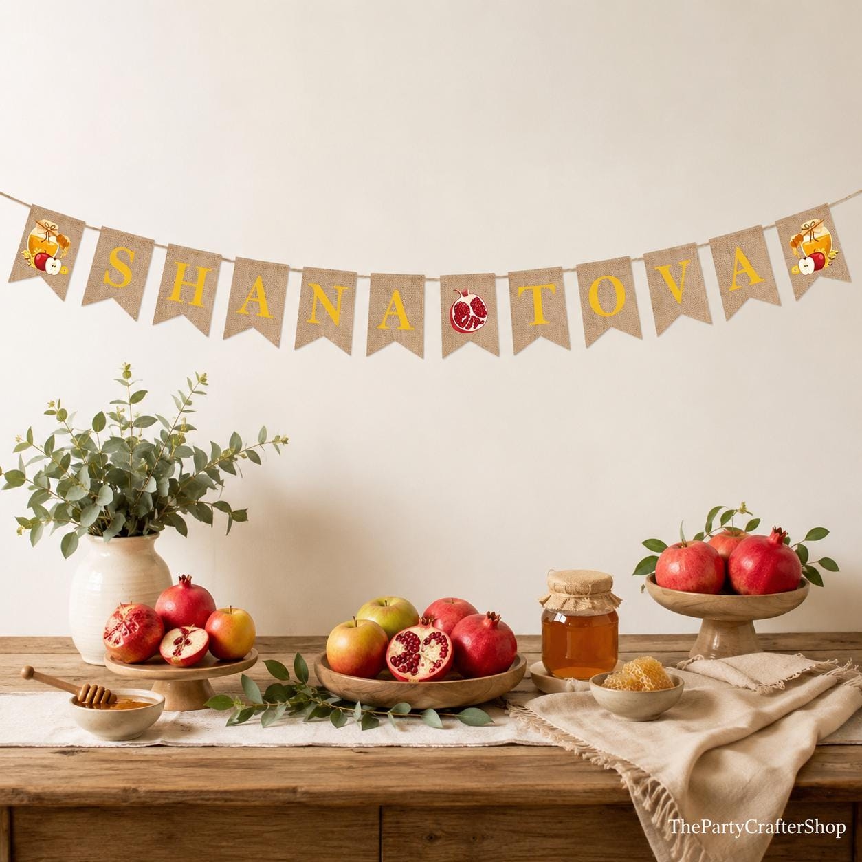 Shana Tova Banner, Rosh Hashanah Linen Decor, Jewish New Year Hanging Sign (5x7 Inch)