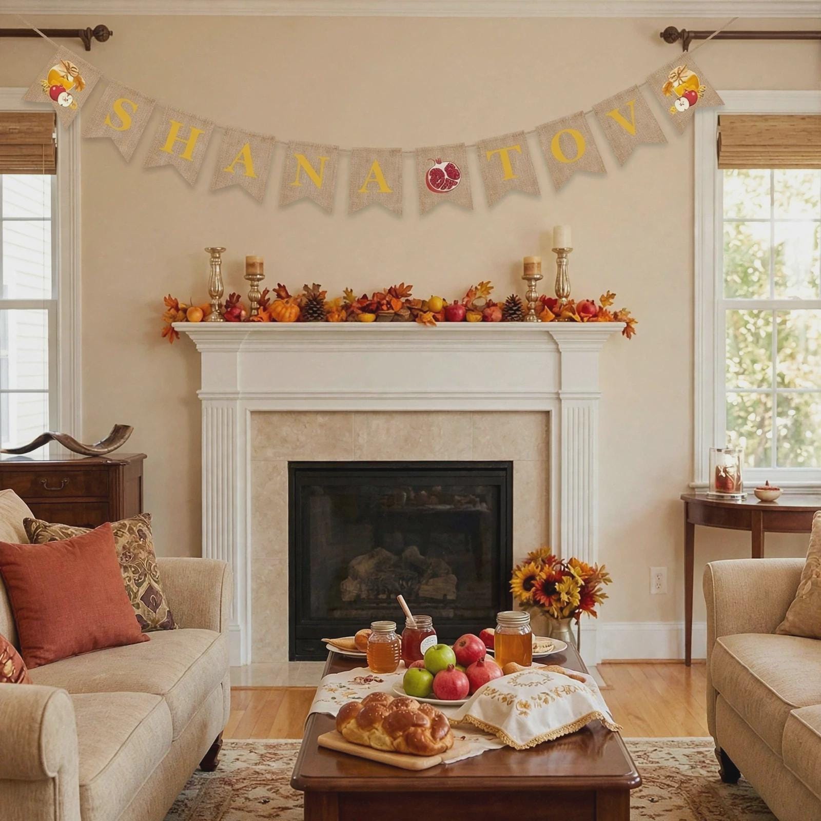 Shana Tova Banner, Rosh Hashanah Linen Decor, Jewish New Year Hanging Sign (5x7 Inch)