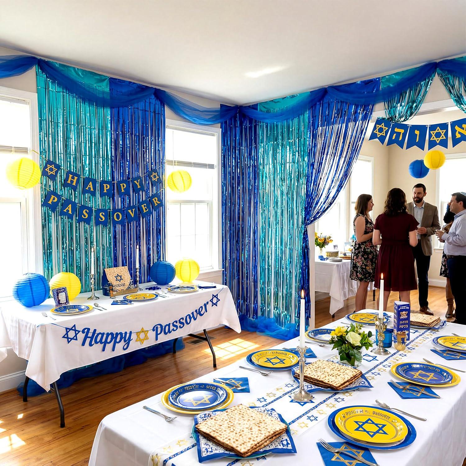 Hanukkah Party Decorations, Blue Foil Fringe Curtains, Gauze Tablecloth, Menorah Banner Kit