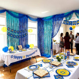 Hanukkah Party Decorations, Blue Foil Fringe Curtains, Gauze Tablecloth, Menorah Banner Kit