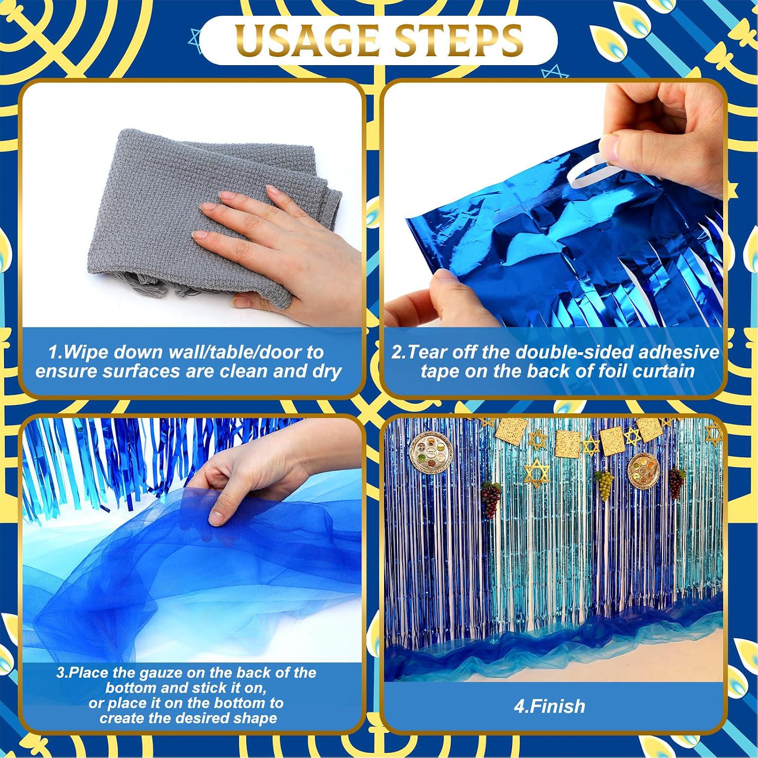 Hanukkah Party Decorations, Blue Foil Fringe Curtains, Gauze Tablecloth, Menorah Banner Kit
