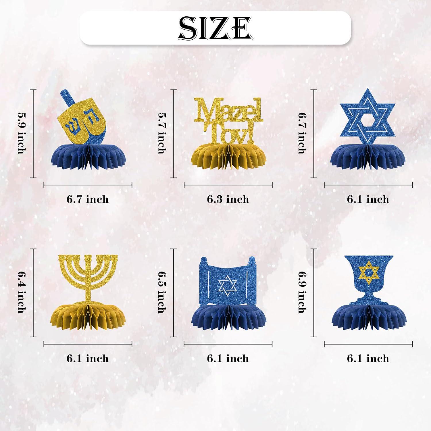 Hanukkah Honeycomb Centerpieces, Glitter Mazel Tov, Star of David, Menorah, Dreidel (8 Piece Set)