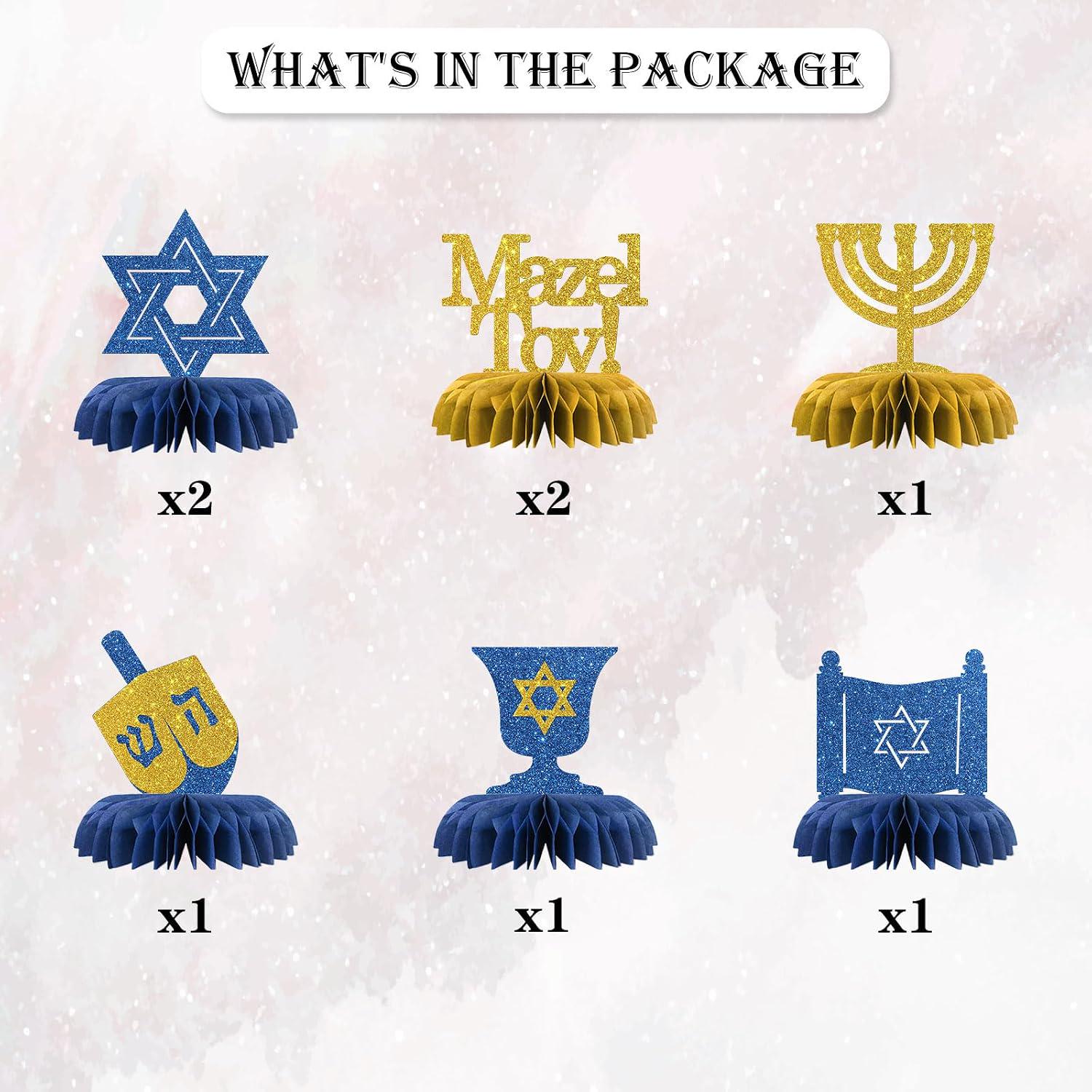 Hanukkah Honeycomb Centerpieces, Glitter Mazel Tov, Star of David, Menorah, Dreidel (8 Piece Set)