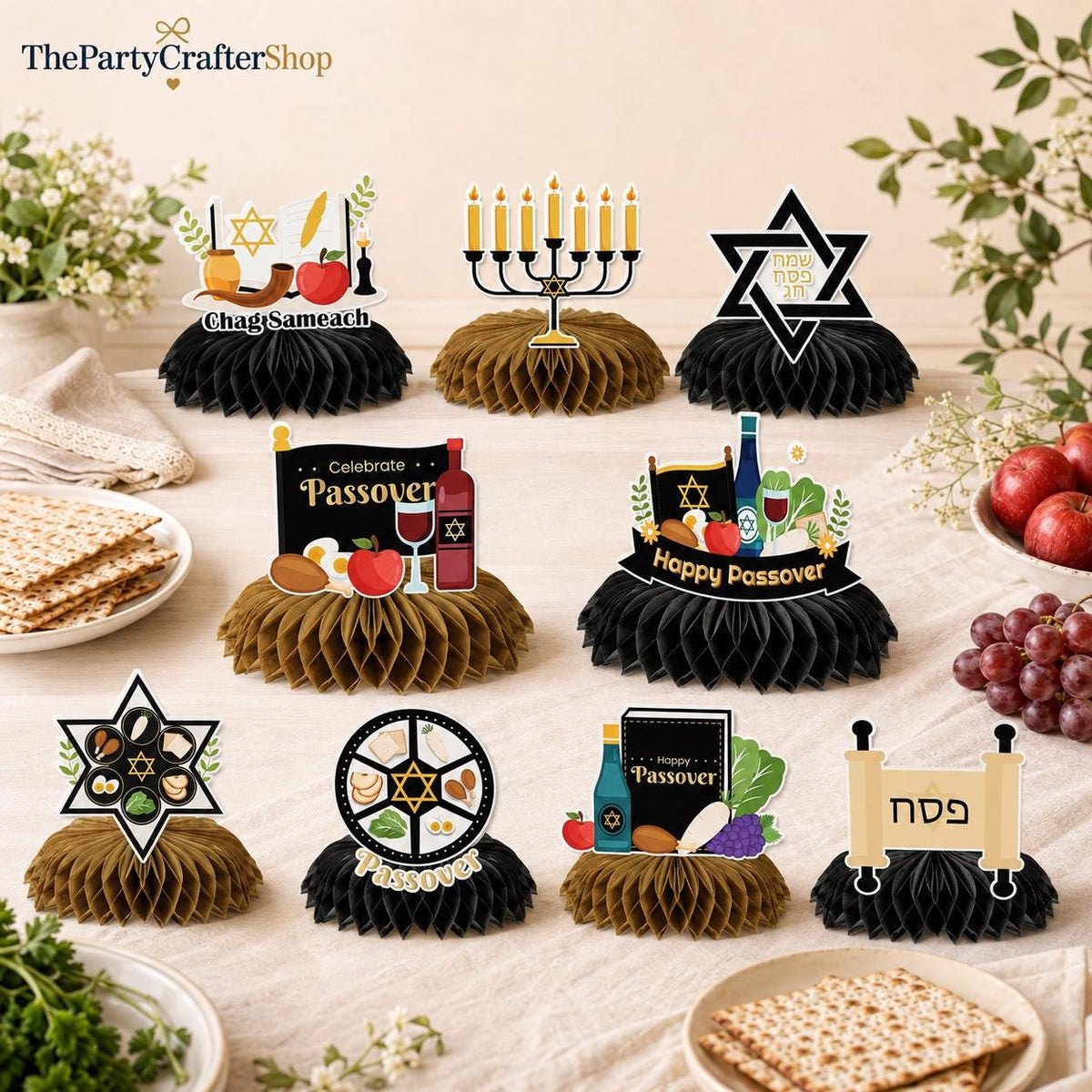 Passover Honeycomb Centerpieces, 9-Piece Set, Black Gold Beige, Star of David Pesach Decor