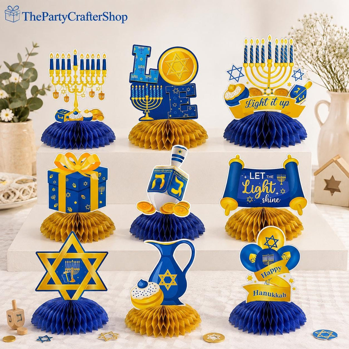 Hanukkah Honeycomb Centerpieces, 9-Piece Set, Blue Gold Table Decorations