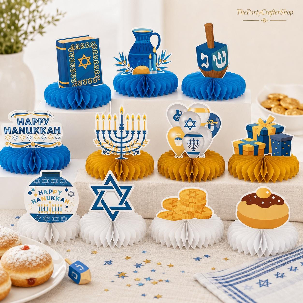 Hanukkah Honeycomb Centerpieces, 12-Piece Chanukah Table Decor Set