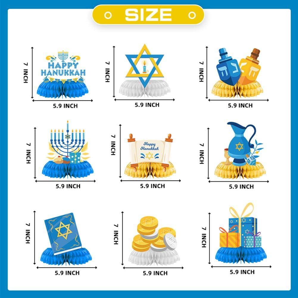 Hanukkah Honeycomb Centerpieces, 9-Piece Set, Menorah, Dreidel, Stars (Cardstock)