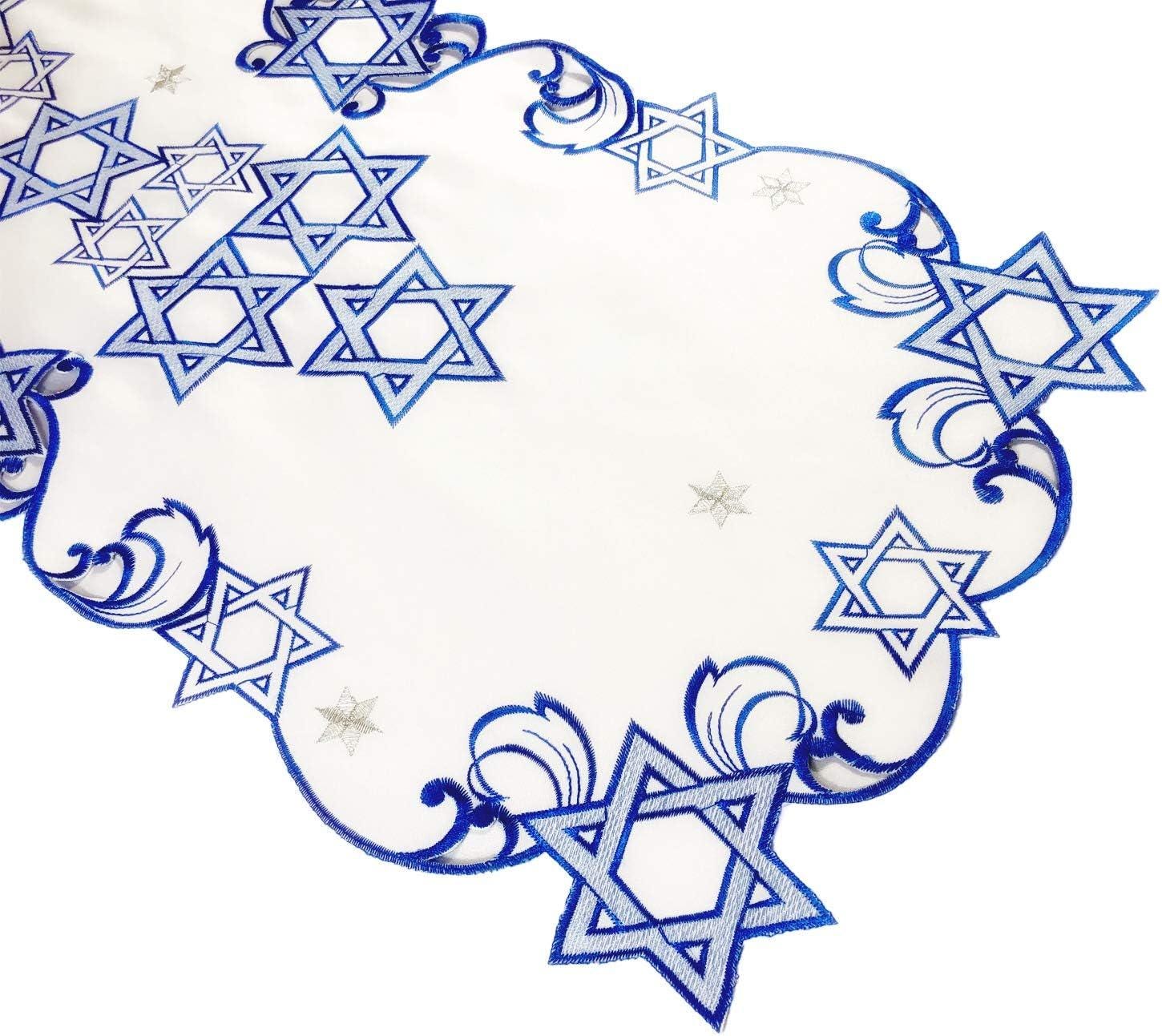 Embroidered Star of David Table Runner, Blue White Judaica Cutwork, 16x66 Inch