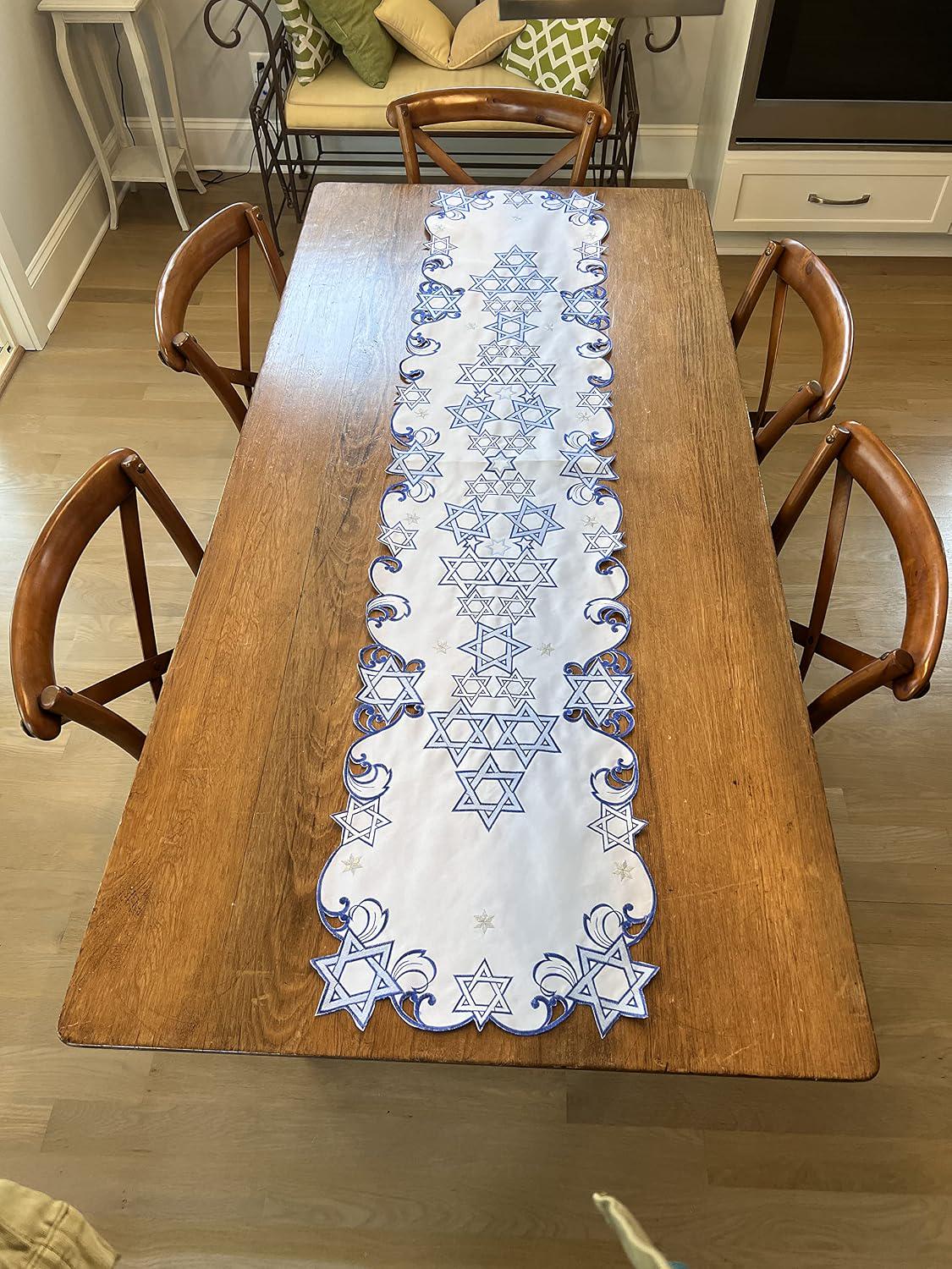 Embroidered Star of David Table Runner, Blue White Judaica Cutwork, 16x66 Inch