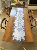 Embroidered Star of David Table Runner, Blue White Judaica Cutwork, 16x66 Inch