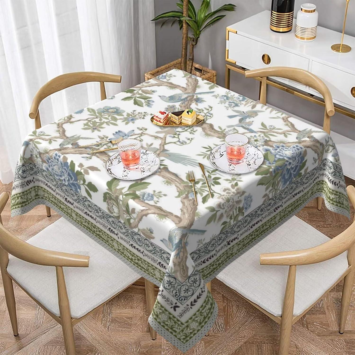 Chinoiserie Floral Tablecloth, 54 Inch Square, Sage Green Blue Bird Tree Pattern (Washable)