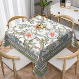 Chinoiserie Floral Tablecloth, 54 Inch Square, Sage Green Blue Bird Tree Pattern (Washable)