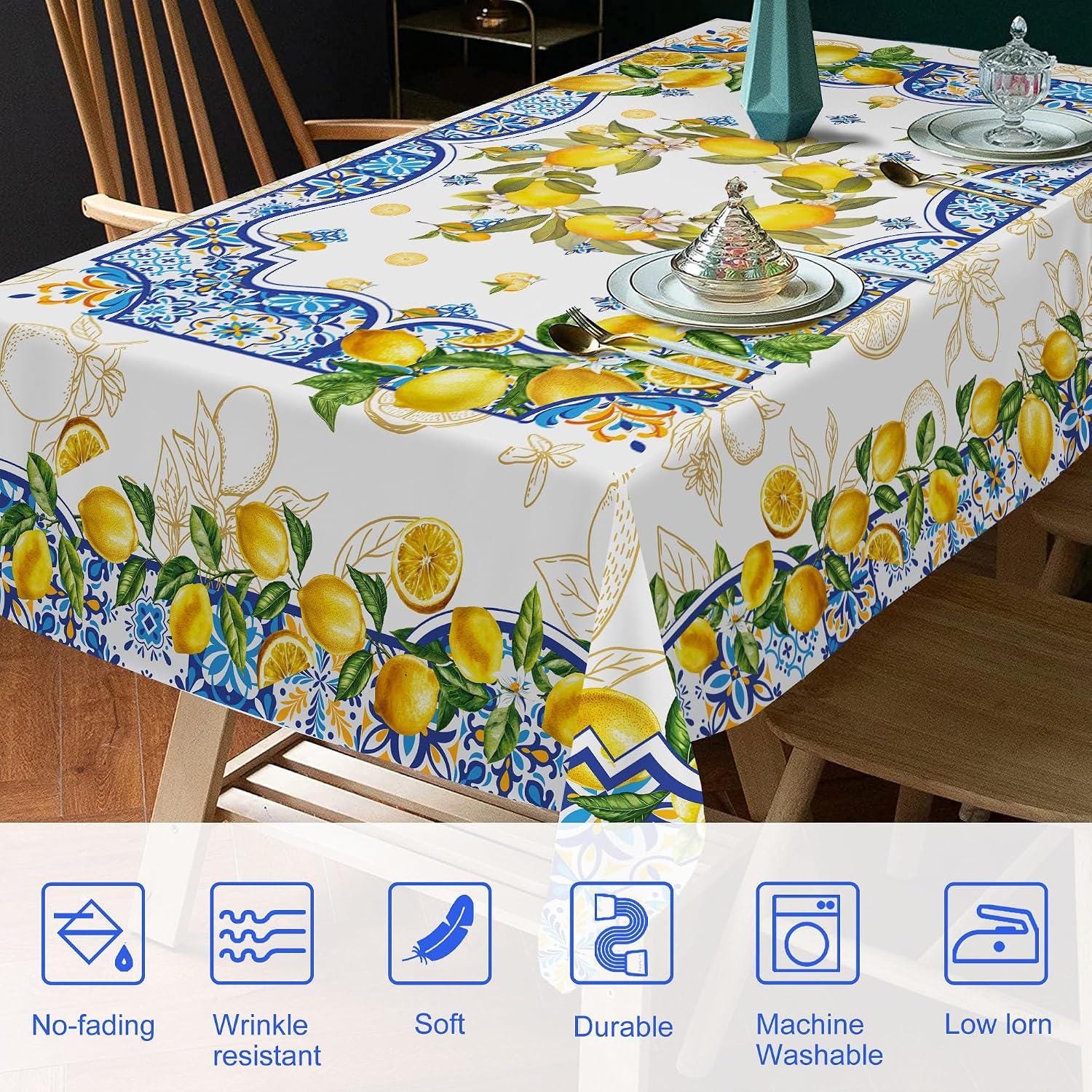 Lemon Tile Tablecloth, Mediterranean Summer Decor, 60x84 Inch Rectangle Cover