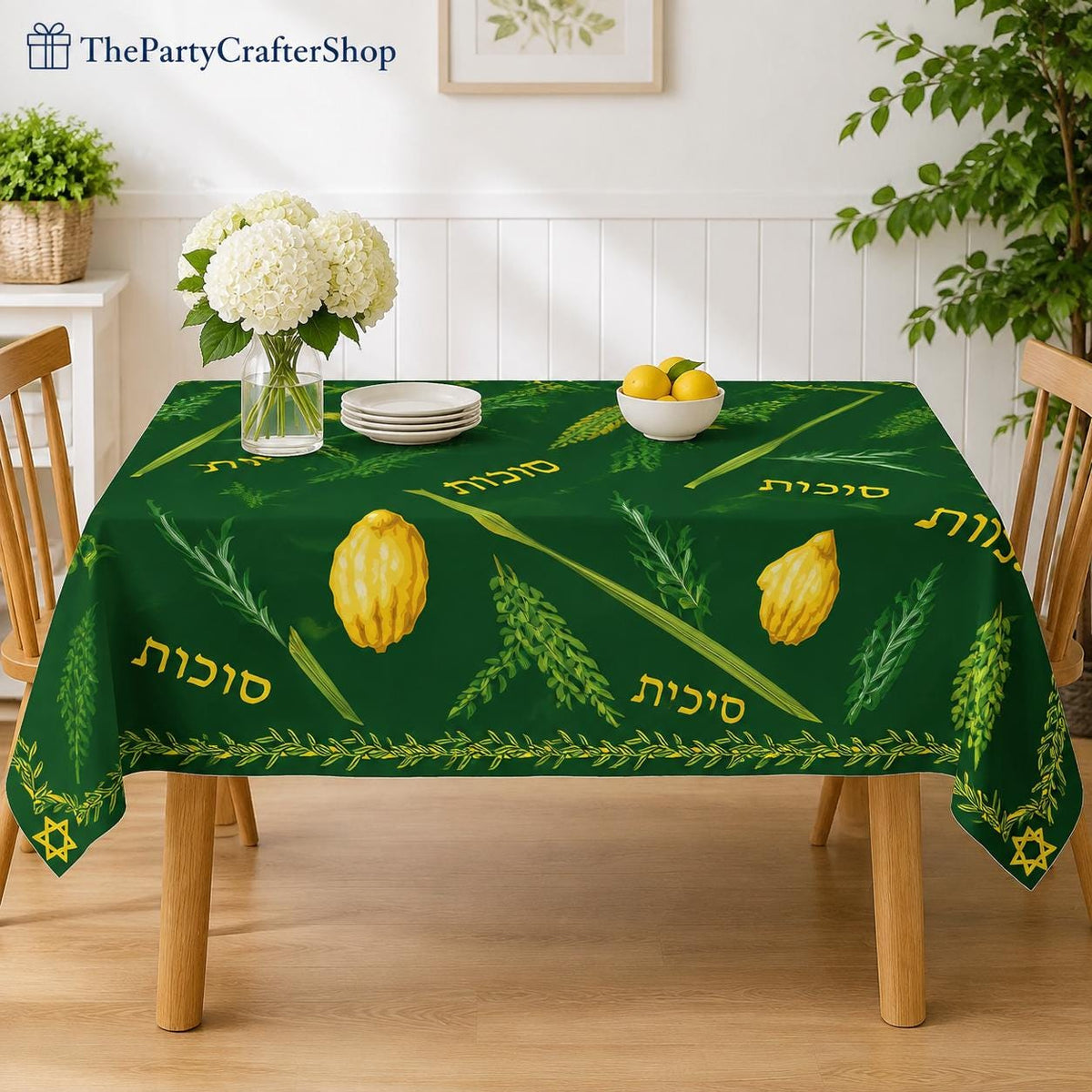 Sukkot Tablecloth, Etrog Lulav Design, 60x104 Inch Polyester Cover