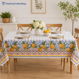 Mediterranean Lemon Tablecloth, Double Border Citrus Floral, 60x120 Inch Polyester Dining Cover