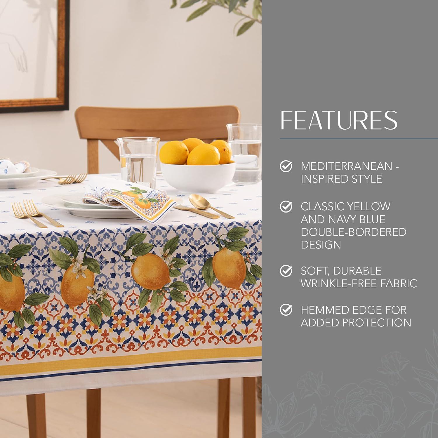 Mediterranean Lemon Tablecloth, Double Border Citrus Floral, 60x120 Inch Polyester Dining Cover
