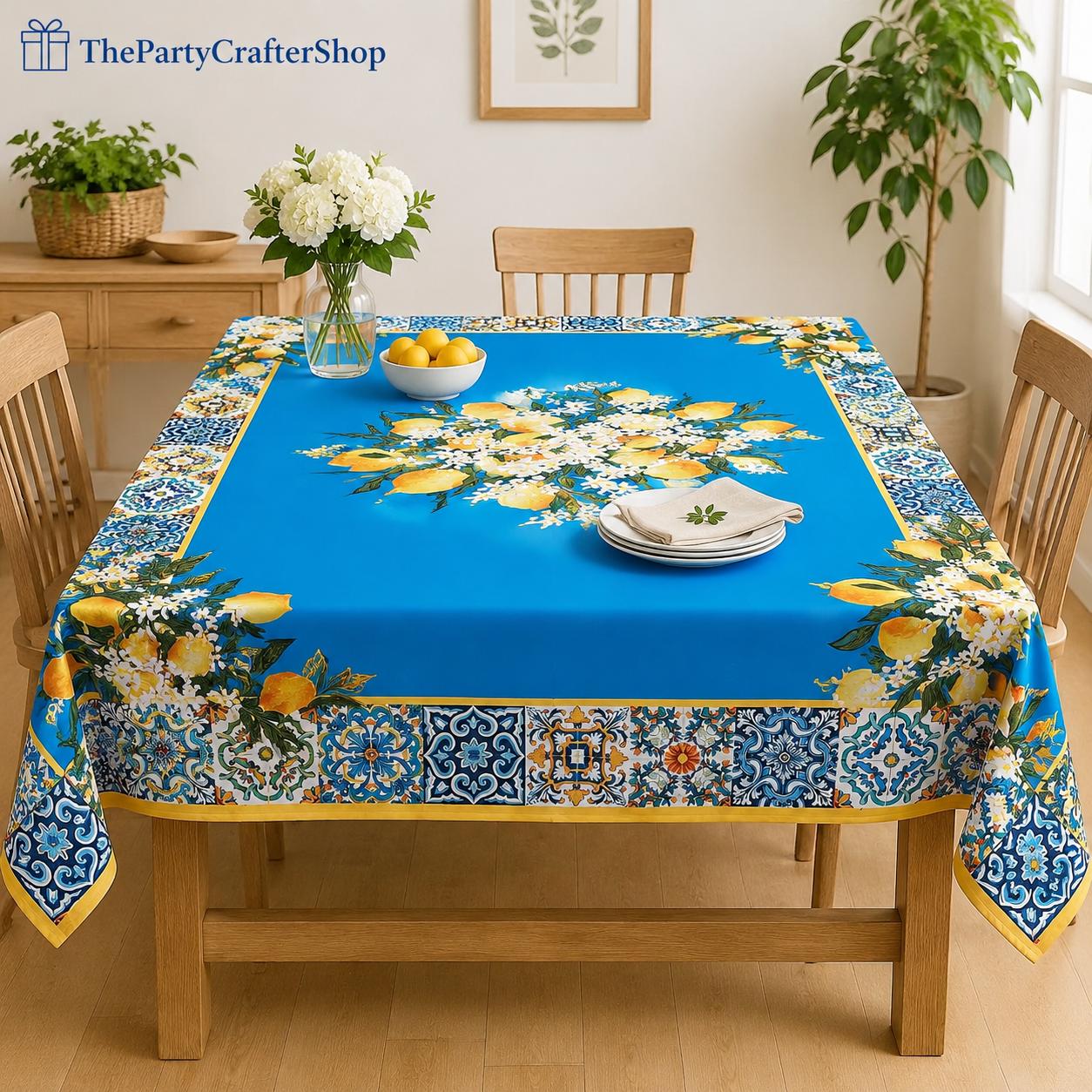 Provence Blue Lemon Tablecloth, Mediterranean Tile Pattern, 60x84 Inch Dining Decor