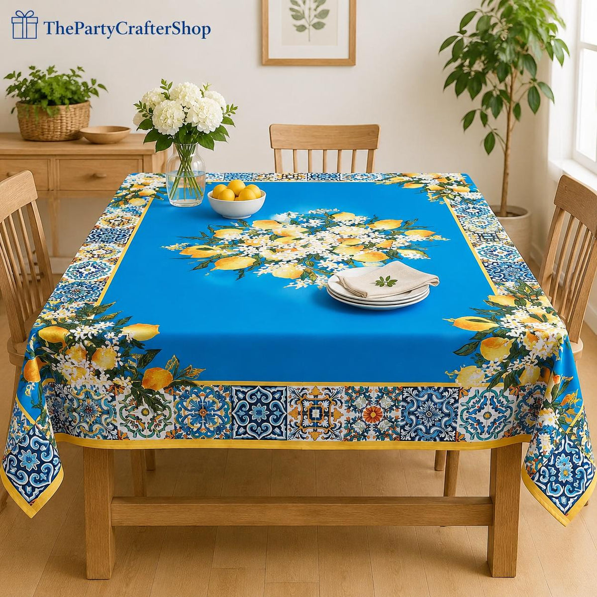 Provence Blue Lemon Tablecloth, Mediterranean Tile Pattern, 60x84 Inch Dining Decor