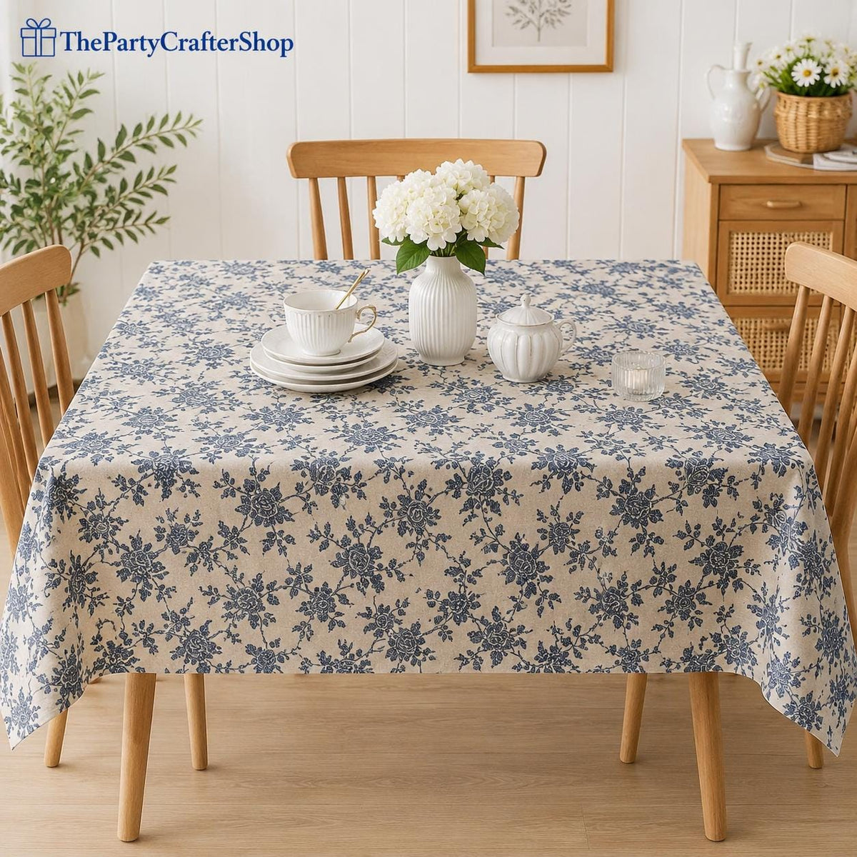 Dark Blue Floral Tablecloth, 52x70 Inch Polyester Dining Cover (Indoor Outdoor)