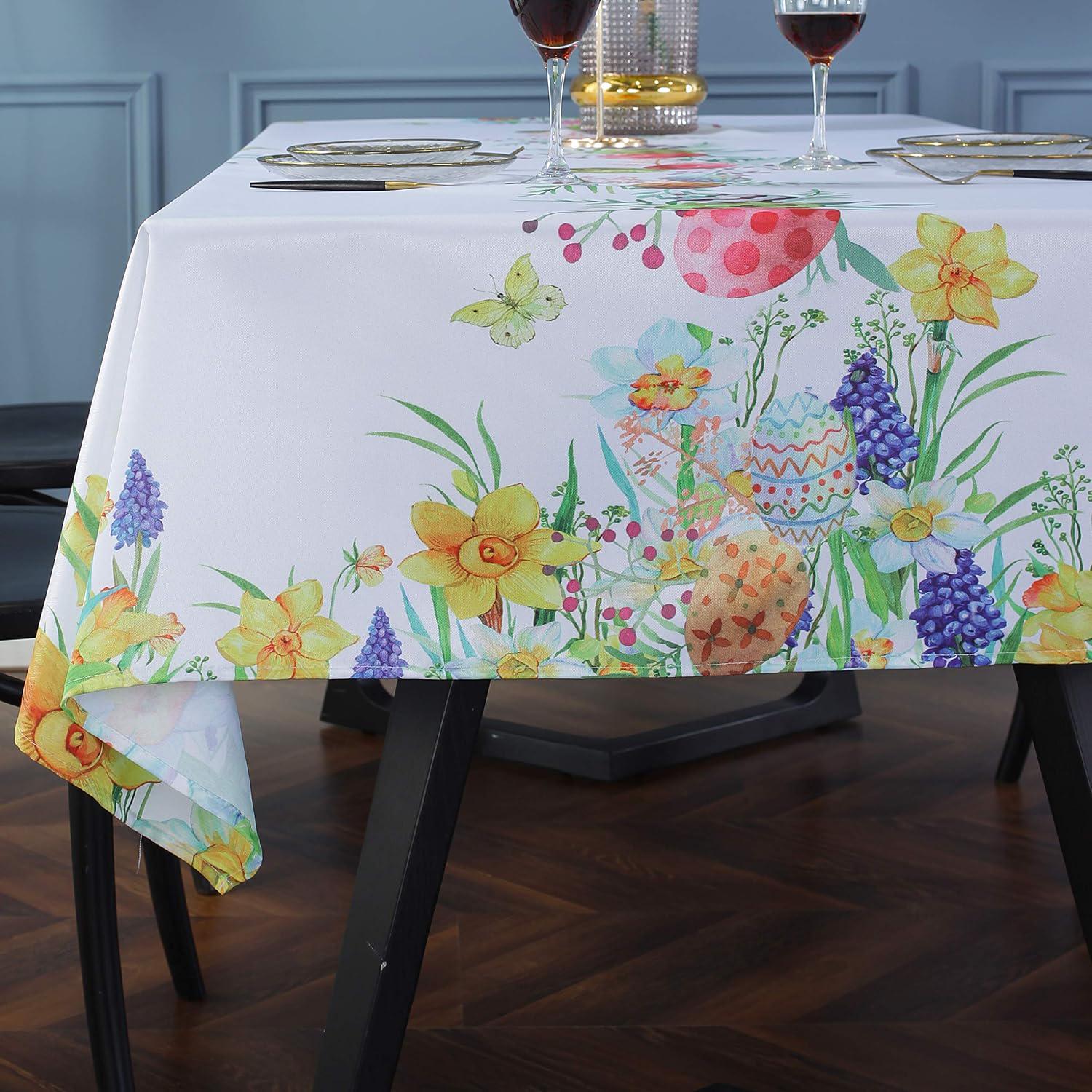 Easter Floral Tablecloth, 60x102 Inch, Wrinkle-Free Polyester Party Decor