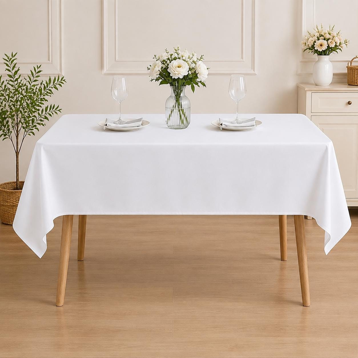 2 Pack White Polyester Tablecloth, Waterproof Wrinkle-Free Dining Cover (60x102 Inch)