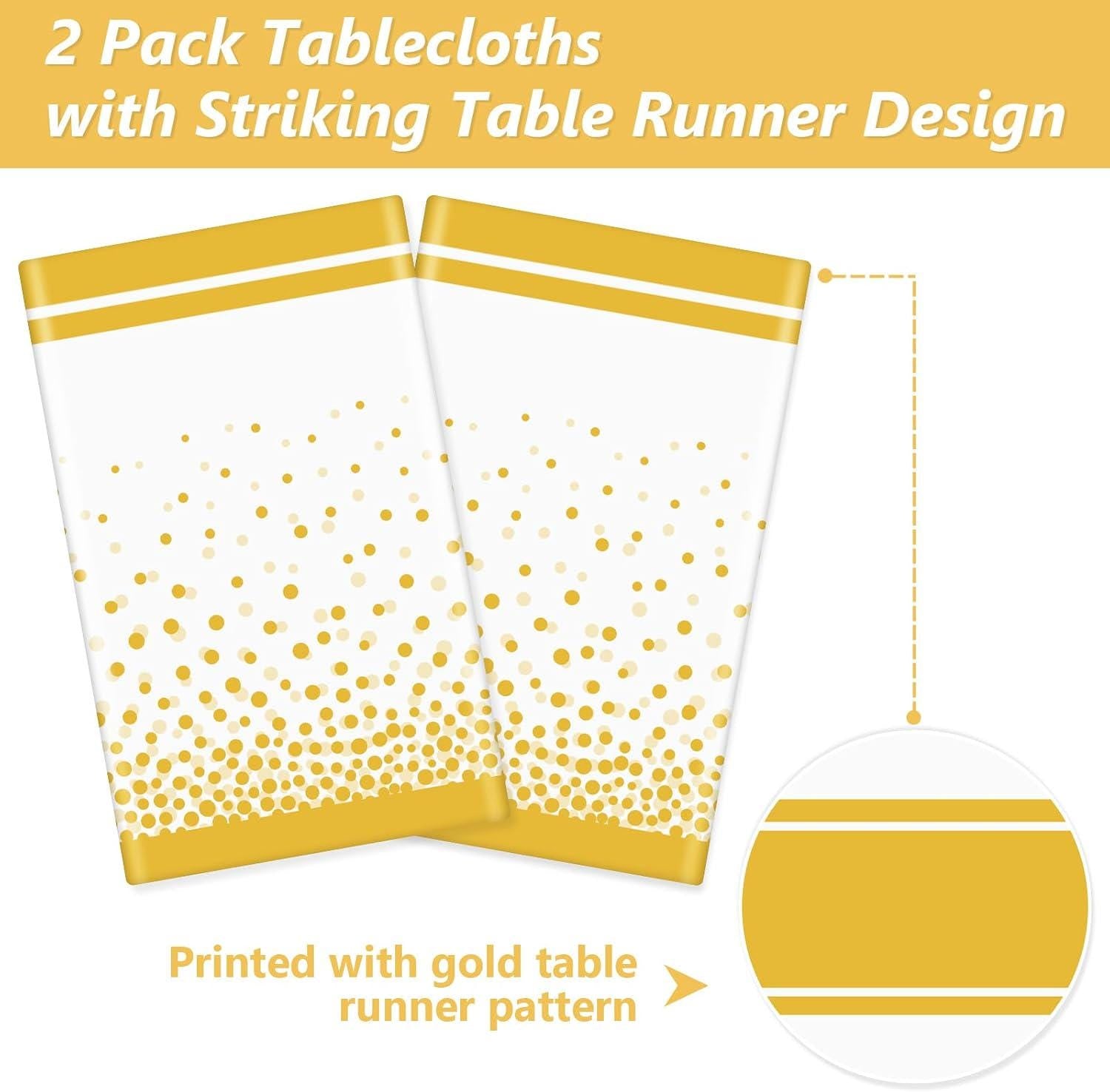 White Gold Polka Dot Tablecloth Set, Disposable Plastic Party Decor (2 Pack)