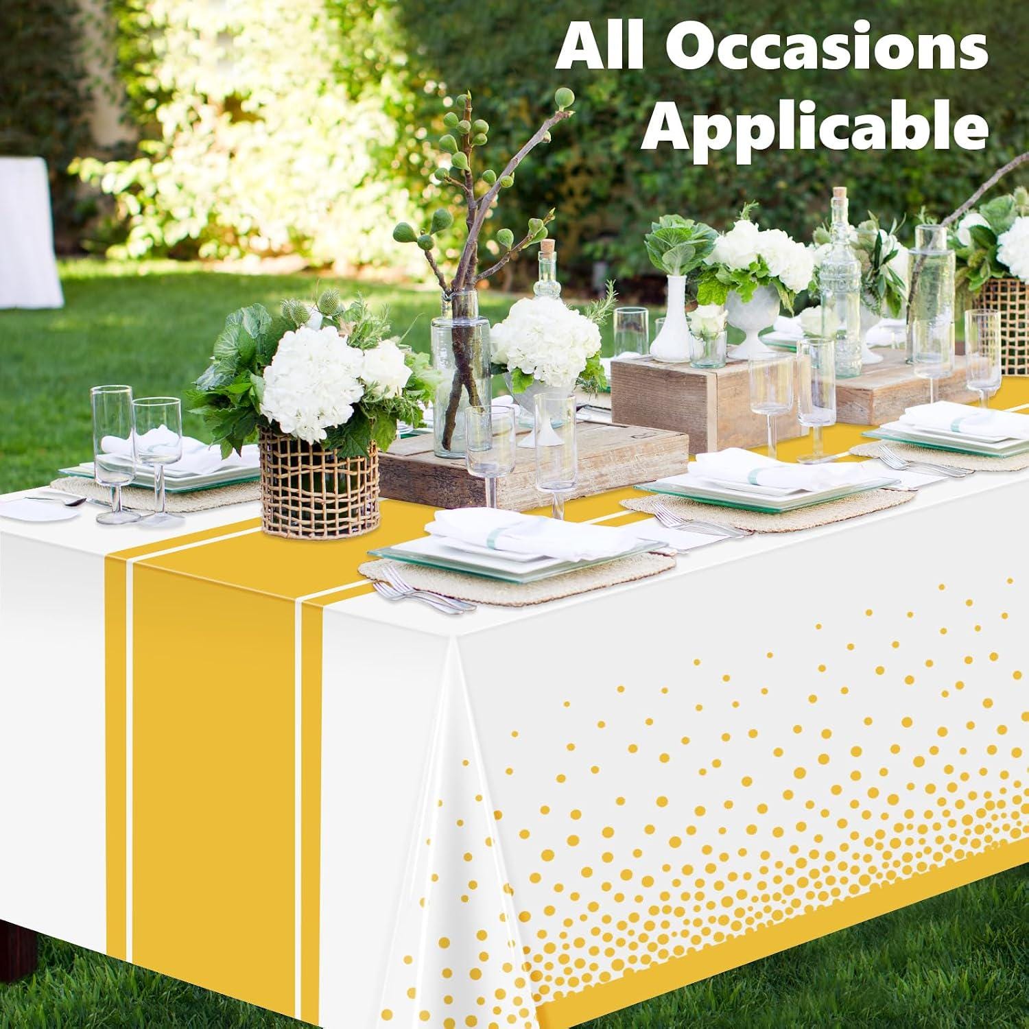 White Gold Polka Dot Tablecloth Set, Disposable Plastic Party Decor (2 Pack)
