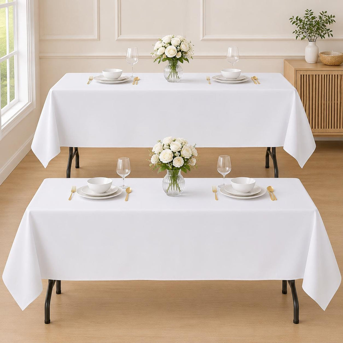 White Polyester Tablecloth 60x102 Inch, Wrinkle Resistant, Washable (2 Pack)