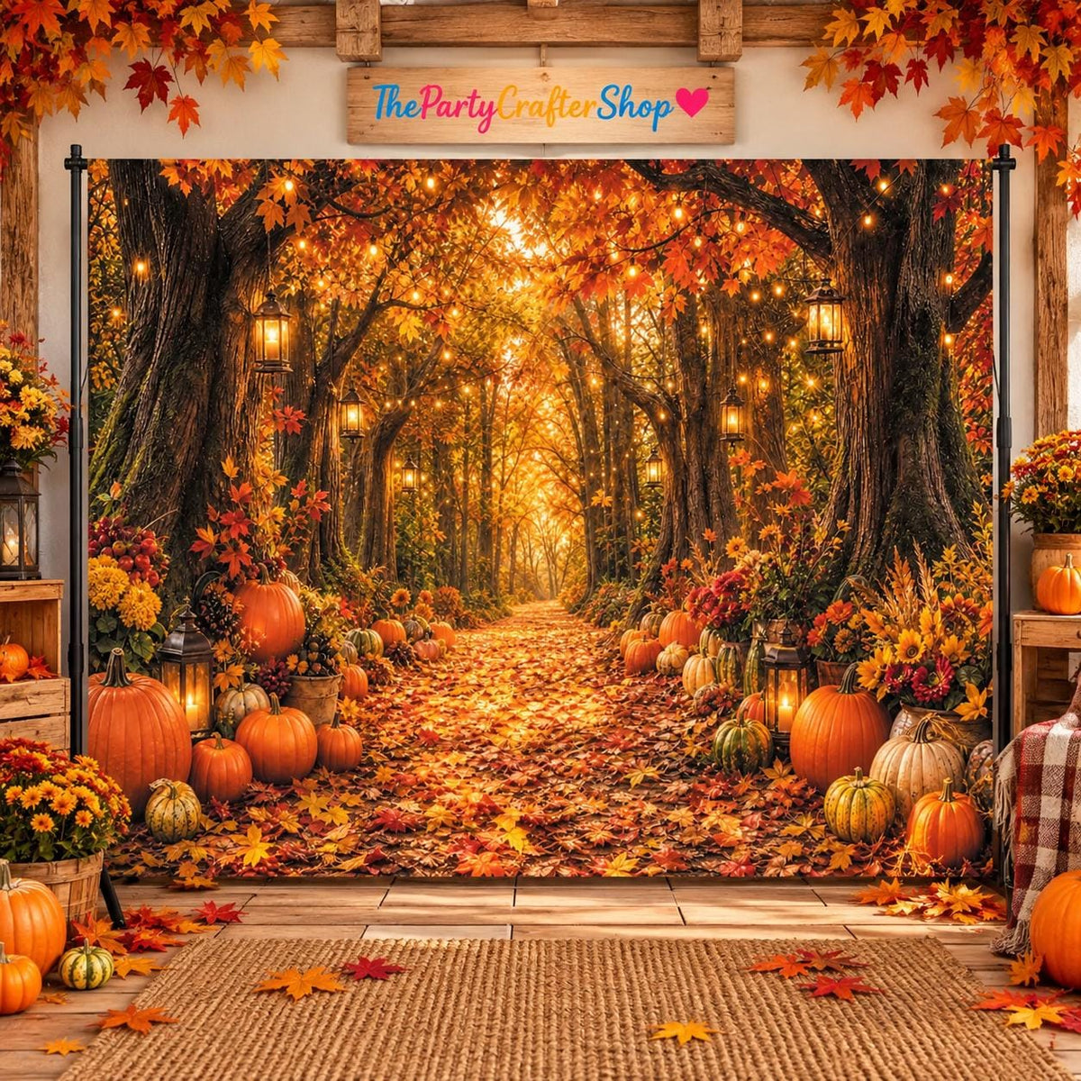 10x8FT Fall Forest Backdrop, Autumn Woodland Pumpkin Maple Leaf Photography Background (Vinyl Cloth)