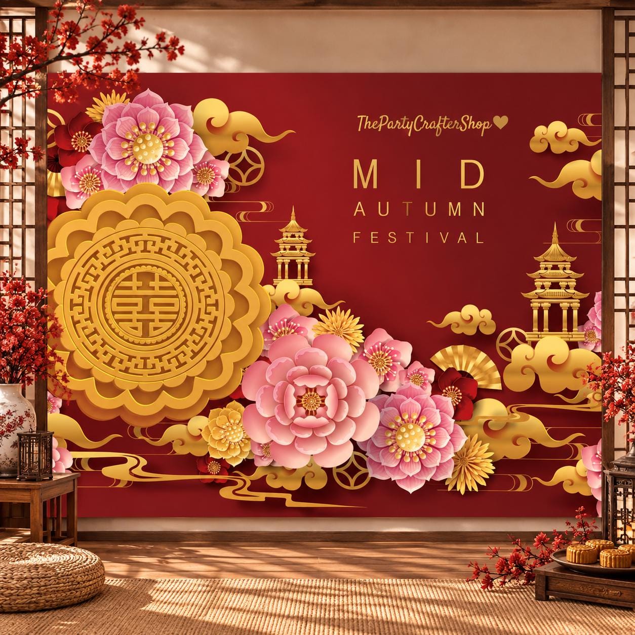 Mid Autumn Festival Backdrop, Pink Peony, Lucky Cloud, Chinese Traditional Decor (10x8FT)