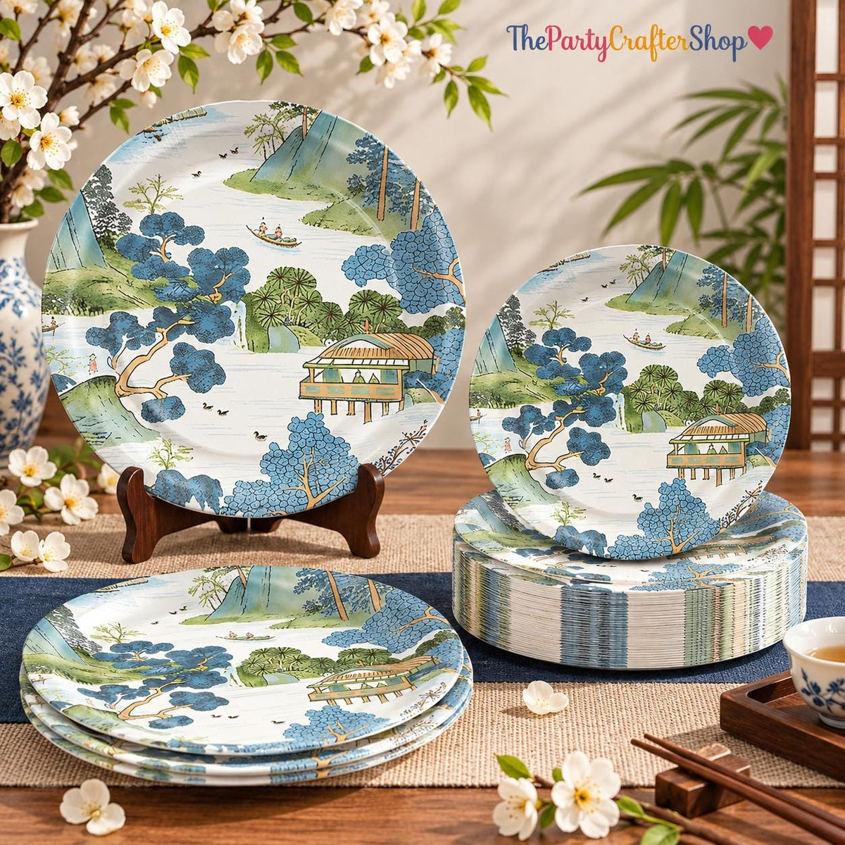 50pc Vintage Chinoiserie Paper Plates, Blue Green Oriental Dessert Plates (7 Inch)