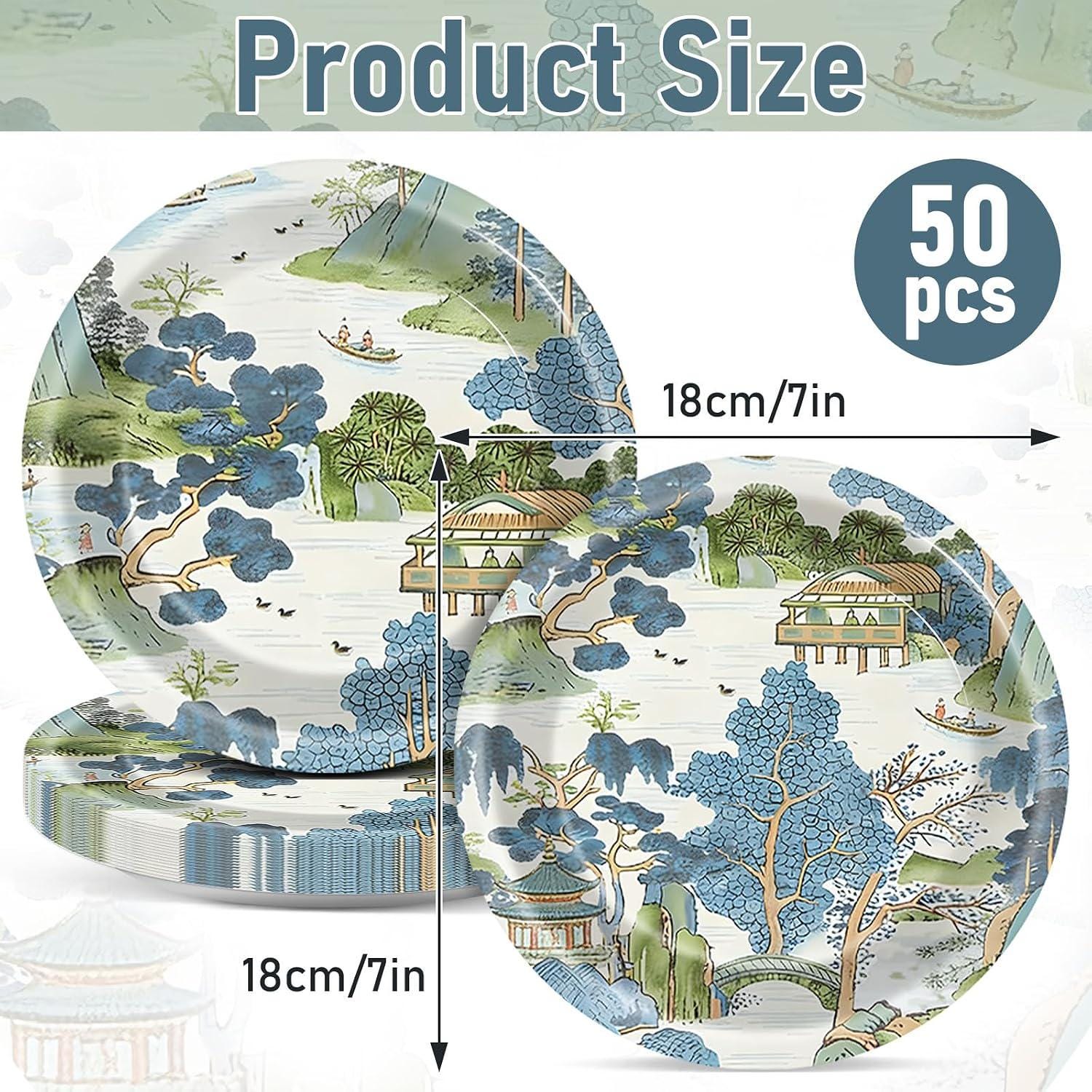50pc Vintage Chinoiserie Paper Plates, Blue Green Oriental Dessert Plates (7 Inch)