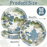 50pc Vintage Chinoiserie Paper Plates, Blue Green Oriental Dessert Plates (7 Inch)