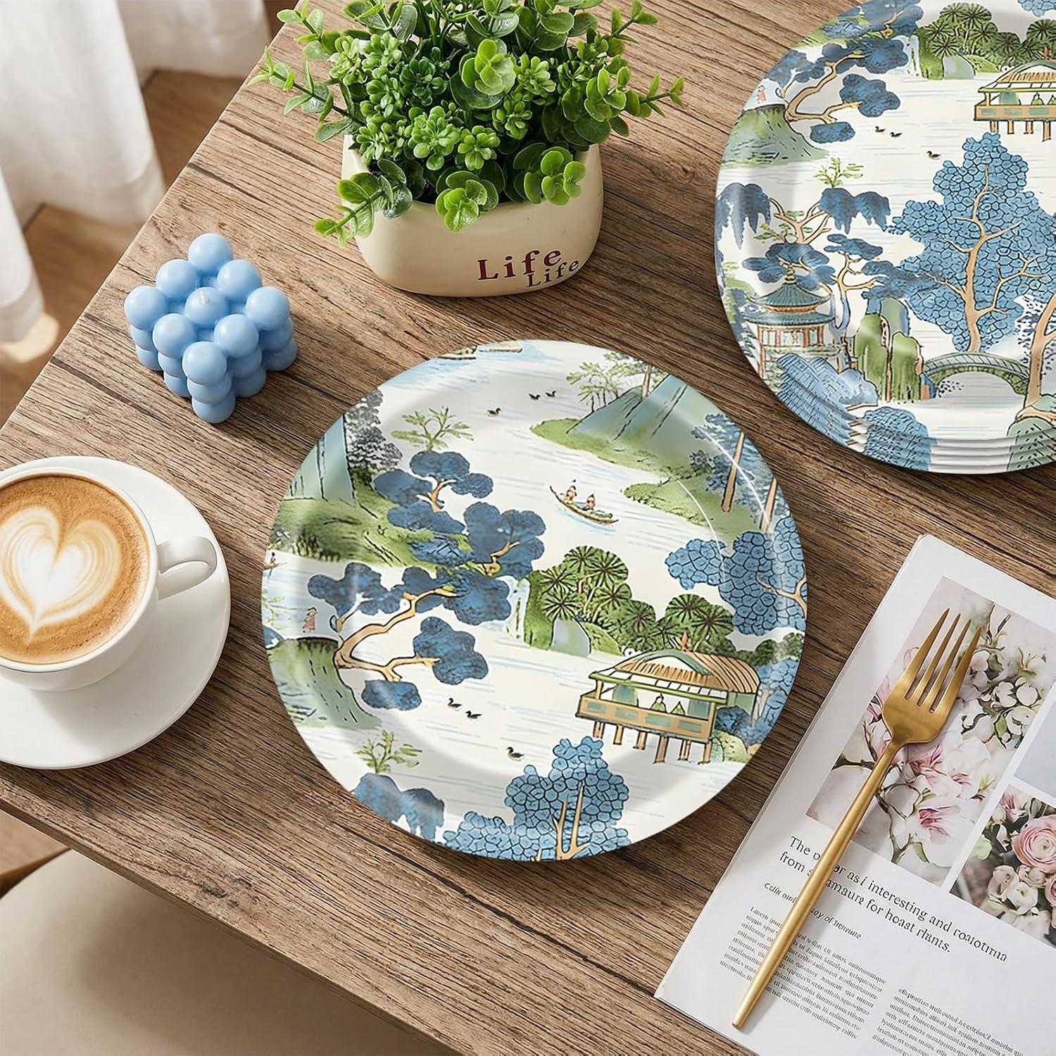 50pc Vintage Chinoiserie Paper Plates, Blue Green Oriental Dessert Plates (7 Inch)